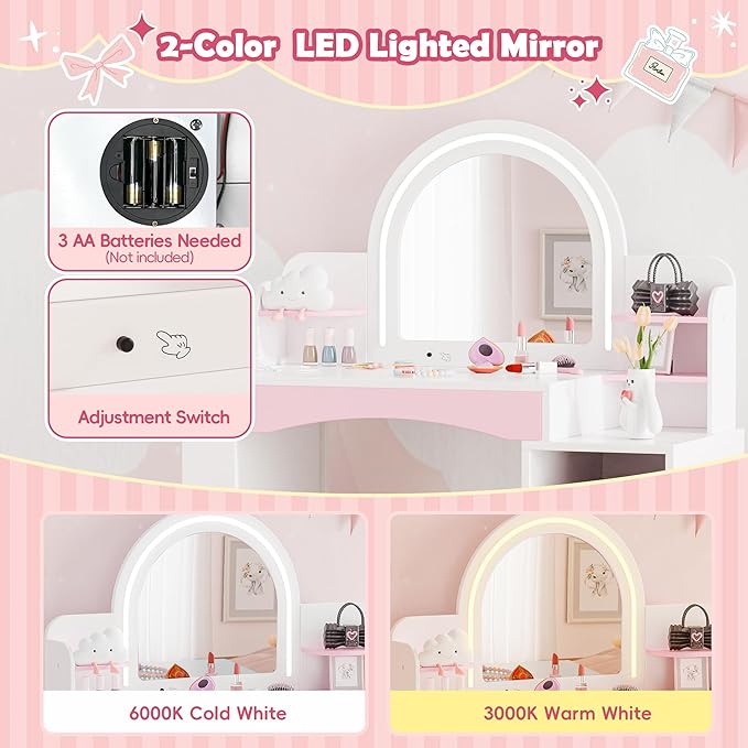 MU Kids Vanity with Lights, Princess Makeup Vanity Desk with Open Bookshelf, Storage Cabinet & Shelves, 2 in 1 Toddler Vanity Table & Chair Set with Lighted Mirror for Little Girls (White)