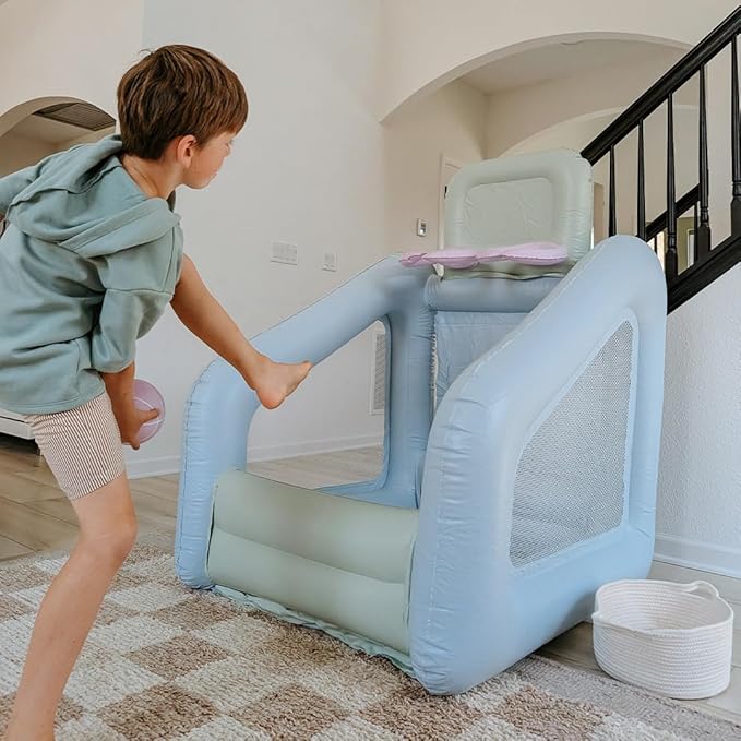 PLAYSMOL Mini Dual Shot Basketball Inflatable Game, Portable Indoor Basketball Hoop for Toddlers & Kids, Arcade-Style Toy with 4 Rubber Balls, Seafoam Colorway, Ages 18m+