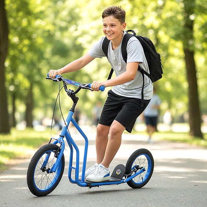 GYMAX Youth Scooter, Height Adjustable Kick Scooters with Extra Large Inflatable 16” Front & 14” Rear Wheels, Dual Hand Brakes & Kickstand, Heavy Duty Scooter for Teens Adults