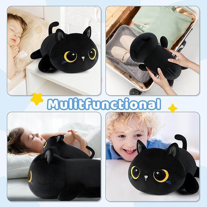 Puffpals Weighted Plush, Cute Black Cat Weighted Stuffed Animal with Beads, Soft Sensory Plush Pillow Toy for Kids & Adults(13.2in 1.4lbs)