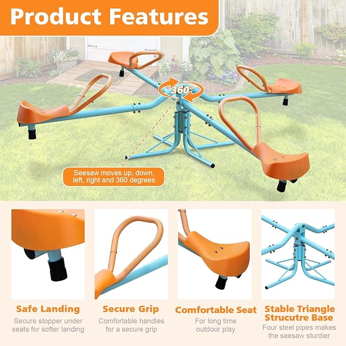 360 Degree Rotation Seesaw Swivel Teeter-Totter, 2/3/4 Seats Sit and Spin Outdoor Playground Equipment for Kids, Toddlers, Boys, Children (Orange-4 Seats)