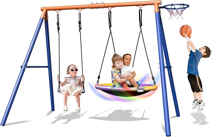 4-in-1 Swing Sets with Stand for Backyard, 440lbs Outdoor Saucer Swing Set for Kids, Heavy-Duty A-Frame Metal Playset for Playground, 32 inch Saucer, Belt Swing, Basketball Hoop, Led Light & Anchors