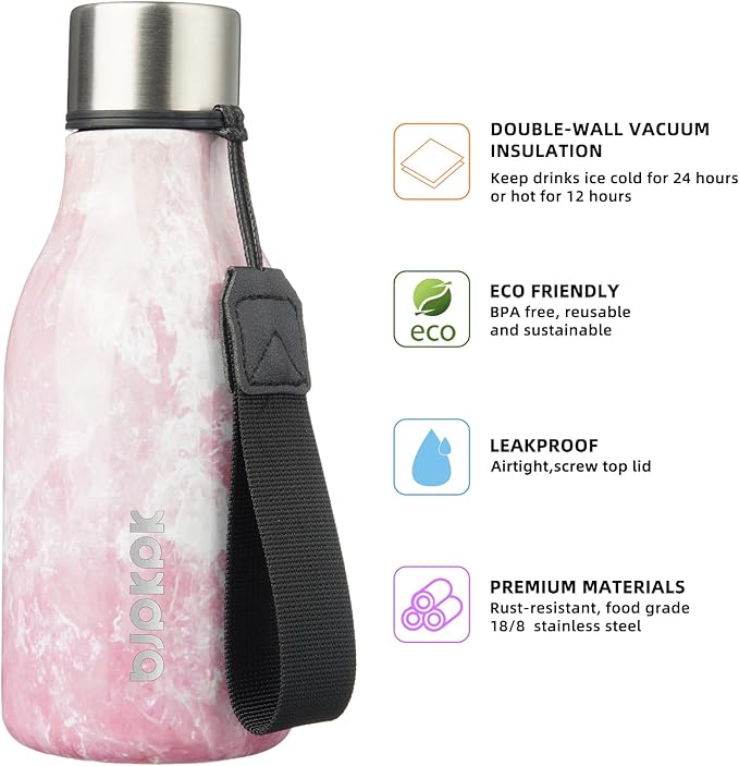 BJPKPK Insulated Water Bottles, 12oz Stainless Steel Metal Water Bottle with Strap, BPA Free Leak Proof Thermos, Mugs, Flasks, Reusable Water Bottle for Sports & Travel, Blossom