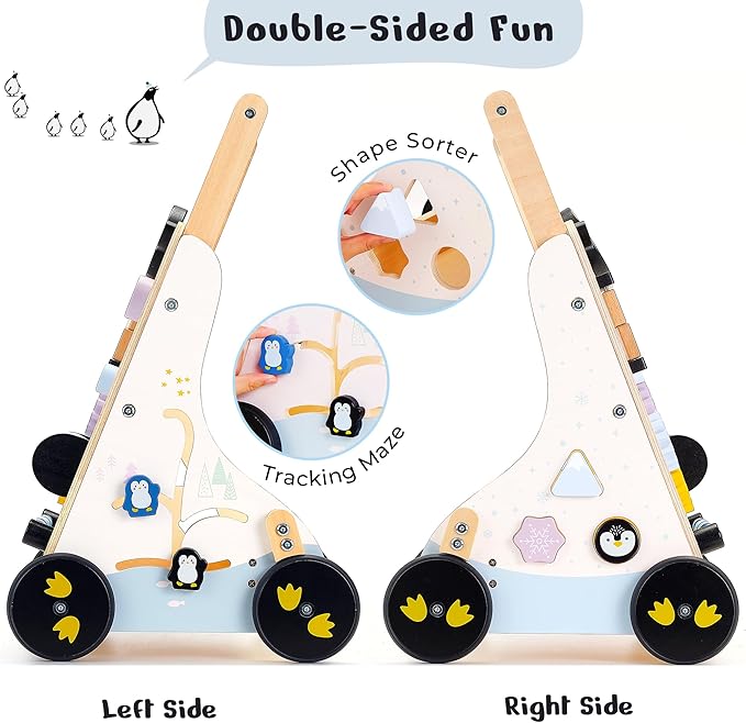 PairPear Polar Explorer Wooden Baby Walker, Montessori 9-in-1 Activity Push Walker Activity Center Toys with Adjustable Speed & Height, Penguin Mirror, Shape Sorter Learning Toys Gift for Toddler 1-3