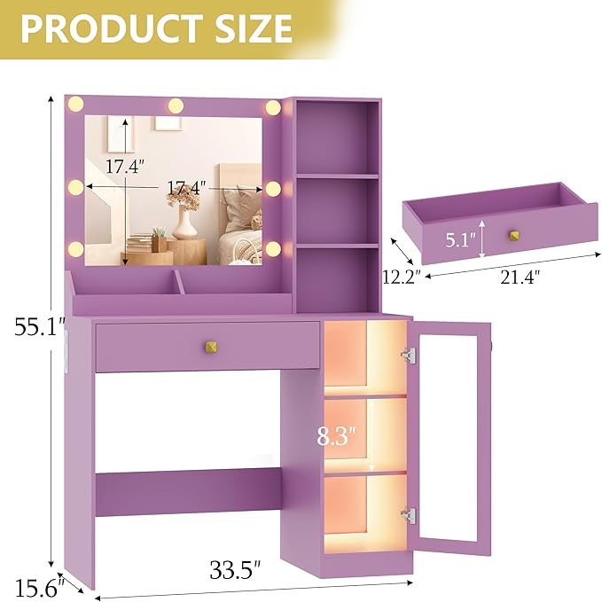 Vanity Desk with Mirror and Lights, Small Makeup Vanity Table with RGB Storage Cabinet & Power Strips & Shelves, 3 Lighting Modes & Adjustable Brightness, Dressing Table for Women Girl Bedroom, Purple