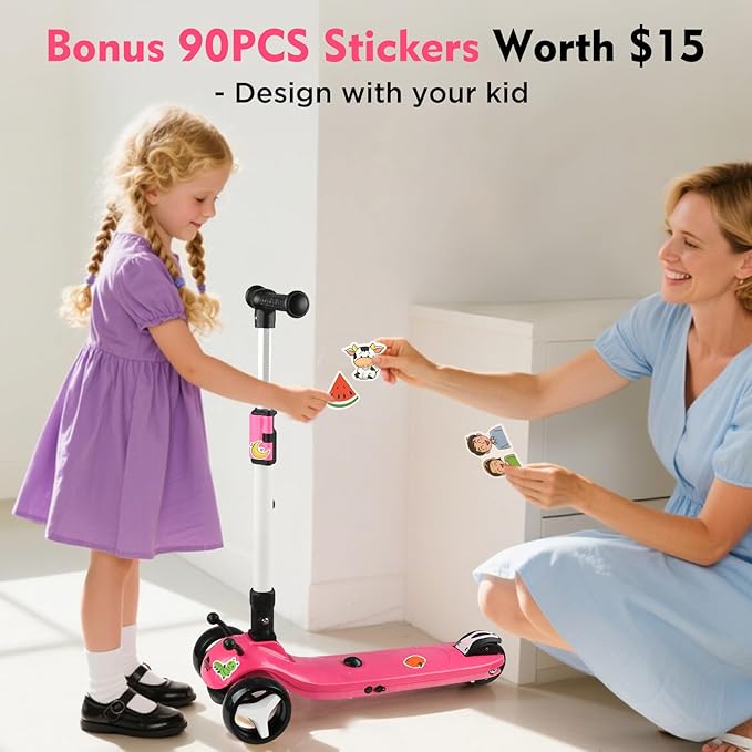 3 Wheel Electric Scooter for Kids Ages 3-12, w/Full Body Lights Up, DIY Stickers, 3 Adjustable Heights, 5Mph Safe Speed, 90min Riding, BLISSRIDE Foldable Kids Electric Scooter for Boys & Girls
