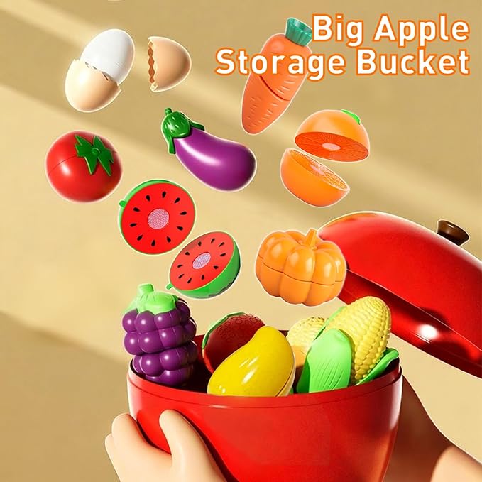 Pretend Play Food Sets for Kids Kitchen, Cutting Toy Food with Apple Basket, Play Kitchen Accessories for Toddlers, Fake Food with Pizza Veggies Fruits, Toys for Boys Girls