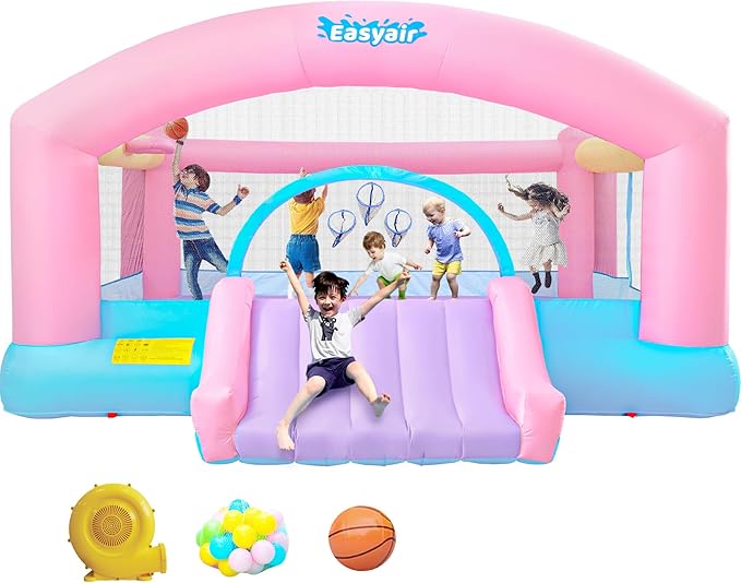 Large Bounce House for Big Kids, 14.8 x 14.5 FT Inflatable Bouncer Jumper Slide with 650W Blower, Basketball Hoop, Throw Ball Game, Ball Pits (Pink, 177" L x 174" W x 94" H)