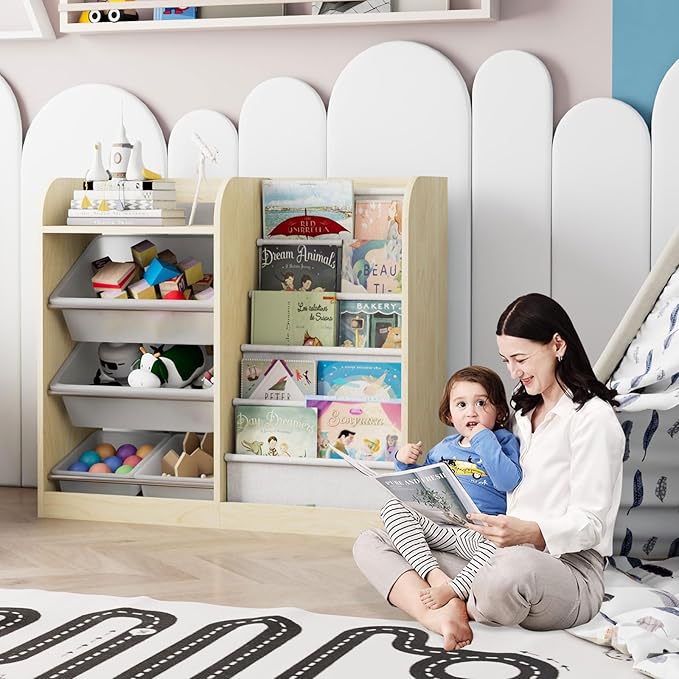Natural Kids Wood Bookshelf Toy Storage Box Organizer Shelf W/4 Removable Plastic Toy Bins Children Bookcase Toddler Baby Sling Book Rack Cabinet Chest Girl Boy Gift Playroom Classroom Bedroom Nursery