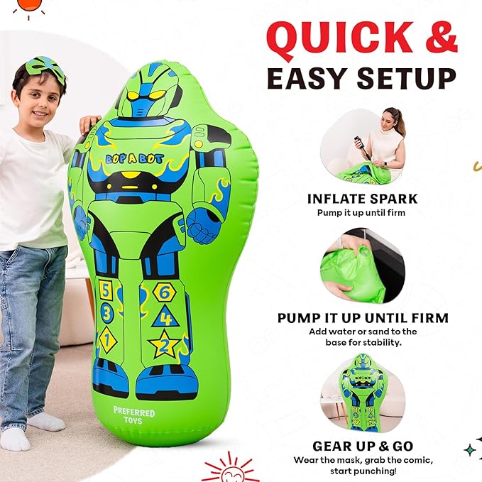 Inflatable Punching Bag for Kids – 47-Inch Bop Bag with Instant Bounce-Back Action, Includes Mask & Comic Book – Heavy Duty PVC Punching Dummy for Boys & Girls, Indoor & Outdoor Play