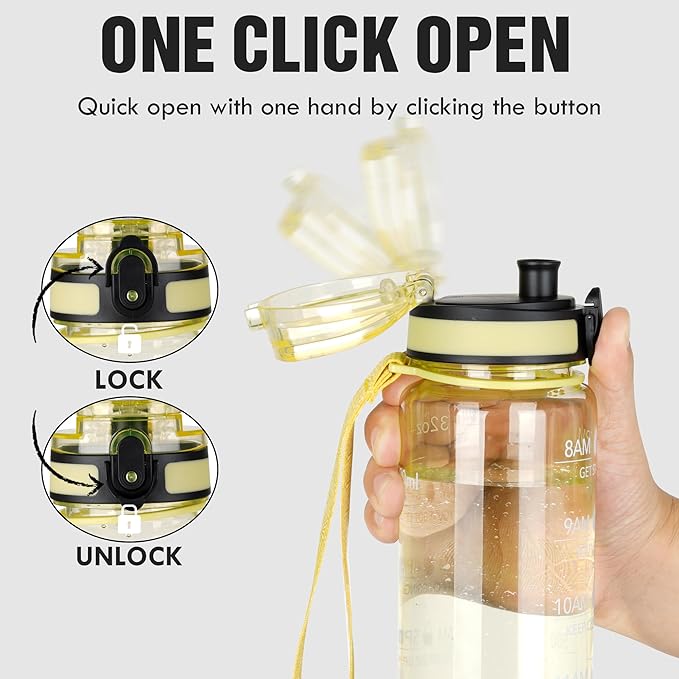OLDLEY Water Bottle, 32oz Motivational Sports Water Bottle with Time Marker - Times to Drink - Tritan, BPA Free, Wide Mouth Leakproof, Clear Star (1 Bottle)