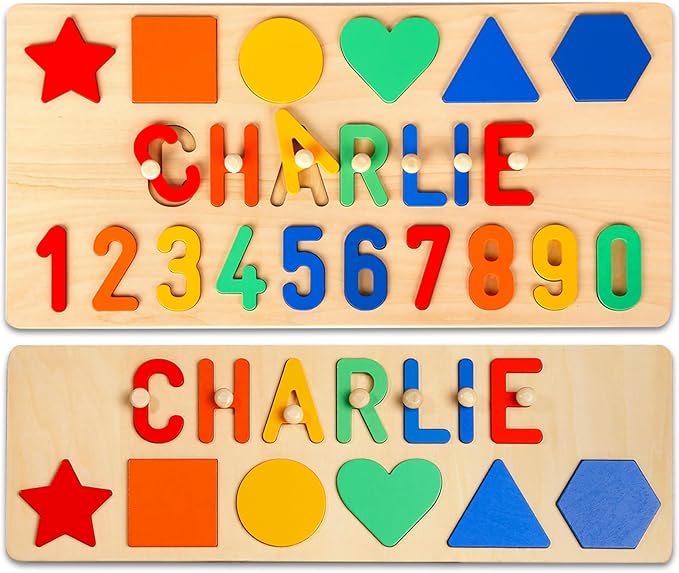 Baosity Personalized Name Puzzle for Kids, Custom Wooden Puzzles for Toddlers 1-3, Shape & Number Puzzle, Early Baby Toys, 1st Birthday Gifts Boy Girl, Gifts for Birthday Christmas Baby Shower