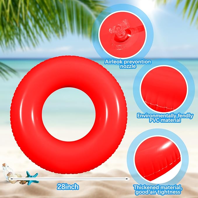 6 Pcs Inflatable Pool Floats 28 Inches Swim Tube Bulk for Adults Swimming Ring Pool Floaties for Beach Party Decorations Women and Men River Lake Summer Vacation Holiday (Red)