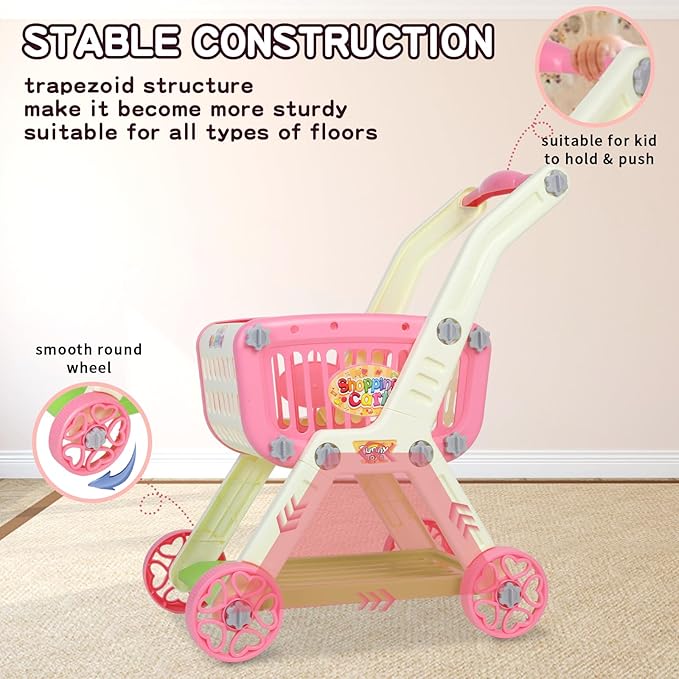 Kids Shopping Cart - 2 in 1 Toy Shopping Cart with Play Food Fruit Vegetable Dessert and Shop Accessories, 72pcs Pretend Play Grocery Store Toy Kitchen Game Trolley Play Set for Kids (Pink)
