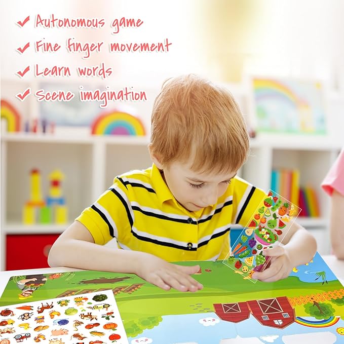 ASTARON Reusable Sticker Book for Toddlers, 88 Pcs Farm Harvest Stickers Road Trip Activities Car Airplane Activities Travel Toys for Kids, Kids Quiet Time Activities (2-6 Age)