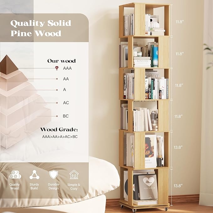 6 Tier Solid Wood Rotating Bookshelf Tower on Wheels, 360° Upgrade Spinning Book Shelf, Revolving Bookcase Organizer, Swivel Bookshelves for Small Spaces, Corner, Bedroom, Kids Room, Office (Natural)