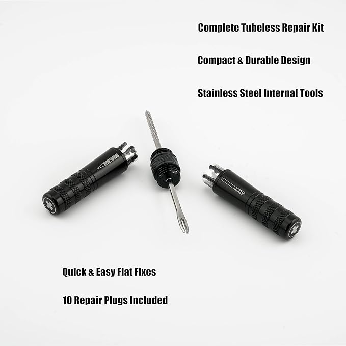 Tubeless Tire Repair Kit – Ultra-Light MTB & Road Bike Flat Fix – 7075 Aluminum Plug Tool with Reamer – 10 Tire Bacon Strips – Easy Compact Bike Repair Kit