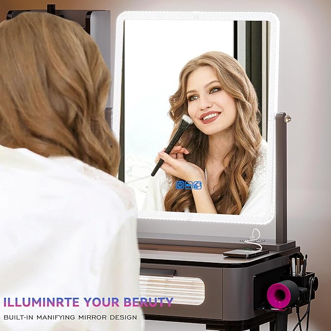 HNEBC Vanity with LED Mirror, Glass Top Dresser with Wireless Charging Station for Bedroom, Small Makeup Desk with 6 Drawers, Girls Dressing Table with Auto RGB Lighted for Christmas (5078-Grey)