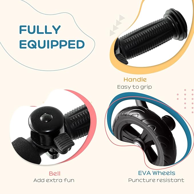 Qaba Toddler Tricycle, Kids Trike, 3-Wheel Bike for Toddlers 2-5 Years, Recreation Baby Tricycle for Boys and Girls with Bell Indoor Outdoor, Pink