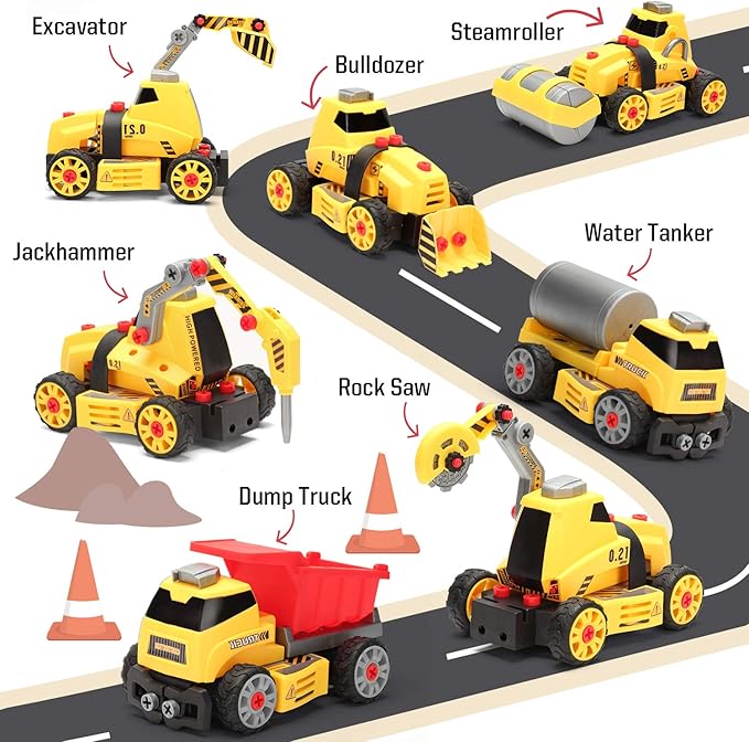 MOBIUS Toys 7-in-1 Take-Apart Truck Construction Set – STEM Building Toy w/Drill, Lights & Sounds – Buildable Dump Truck, Excavator & More – Educational Engineering Playset for Kids Ages 3–8