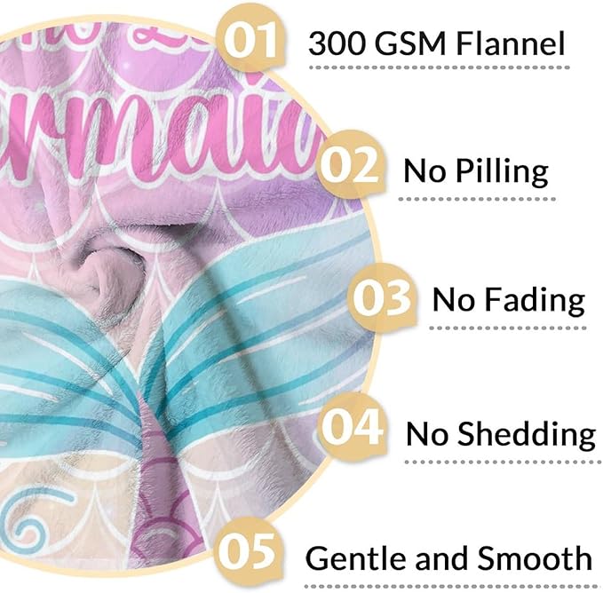 Personalized Mermaid Tail Blanket with Name - Soft, Fuzzy & Warm - 30"x40" Small Blanket for Couch, Office - Colorful Cute Throw Gifts for Girls