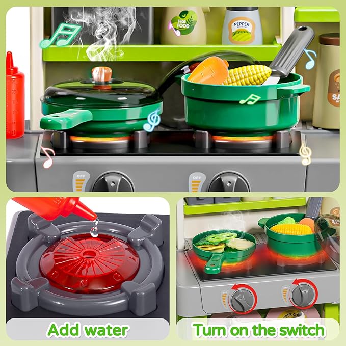 Letapapa Kids Play Kitchen Set, Kitchen Toys with Realistic Sound & Light, Cooking Stove, Sink, Play Food and Kitchen Accessories, Kitchen Playset Gifts for Toddlers Girls Boys