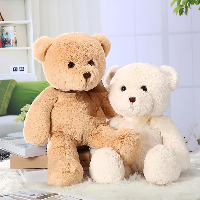 HyDren 2 Pack Plush Bear Stuffed Animals 18 Inch Cuddly Stuffed Bear Plushies with Bow for Birthday Gifts Baby Shower Party Favor Decors Operation Christmas Bulk(Beige, Light Brown)