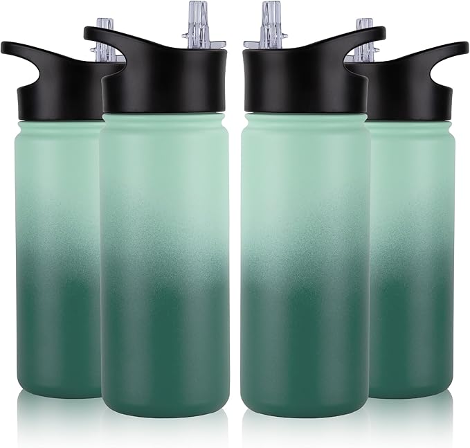 16 oz Insulated Water Bottle Bulk 4 Pack, Straw & Spout Lid, Keep Cold 24H, Spill Proof, BPA-Free, Double Wall, Stainless Steel Kids Water Bottles for School, Sports, Green Gradient