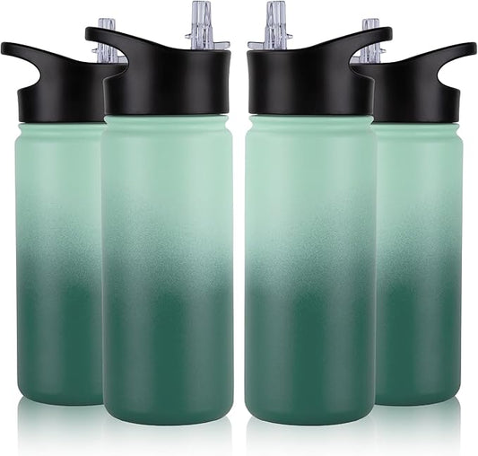 16 oz Insulated Water Bottle Bulk 4 Pack, Straw & Spout Lid, Keep Cold 24H, Spill Proof, BPA-Free, Double Wall, Stainless Steel Kids Water Bottles for School, Sports, Green Gradient