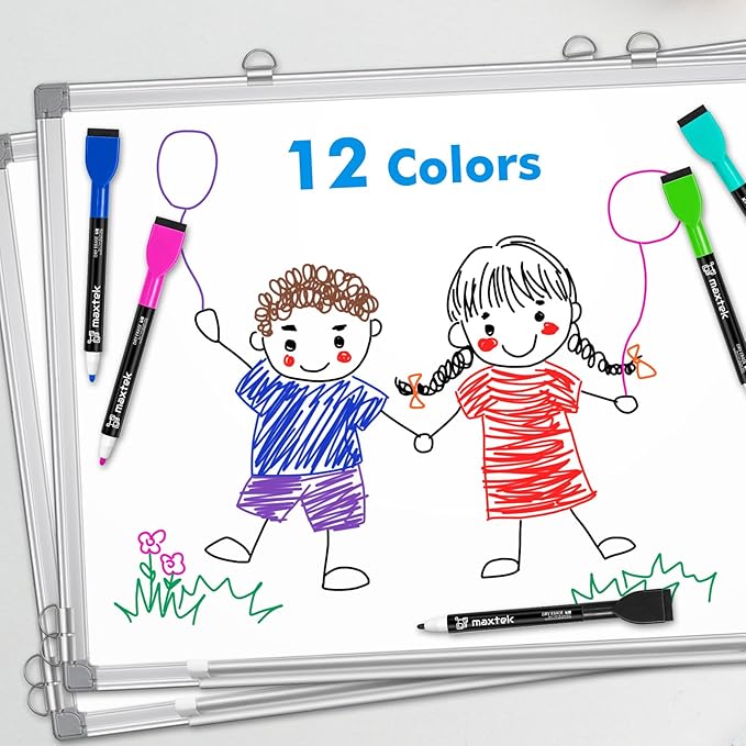maxtek 24 Count Magnetic Dry Erase Markers, Fine Tip, 12 Colors Whiteboard Markers with Built-in Eraser, Low Odor Thin Markers