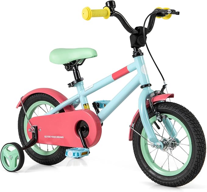 BABY JOY Colorful Macarons Kids Bike, 12 14 16 18 Inch Sporty Children's Bicycle with Training Wheels, Adjustable Handlebar & Saddle, Handbrake & Coaster Brake, Boys Girls Bike for 3-8 Years Old