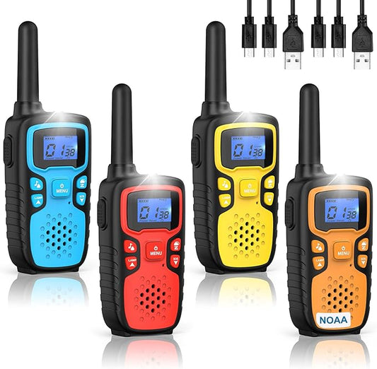 Wishouse Walkie Talkies for Kids Rechargeable Long Range,Xmas Birthday Gift for 4 5 6 7 8 9 Year Old Boys Girls,Hiking Gear Camping Games Cool Toys with NOAA,SOS Siren,Lamp,Lanyards,Easy to Use,4 Pack