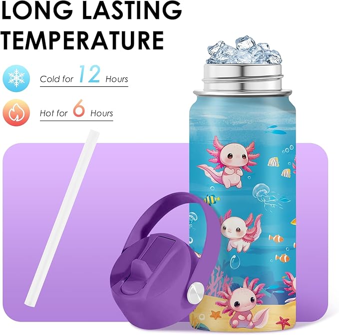 Axolotl Gifts for Girls 16 oz Kids Water Bottle with Straw Lid, Stainless Steel Insulated Tumbler, Leak Proof, BPA-Free,Adorable Ocean Animal Mug Cup for Sports,Travel Children Birthday Gifts (1pc)
