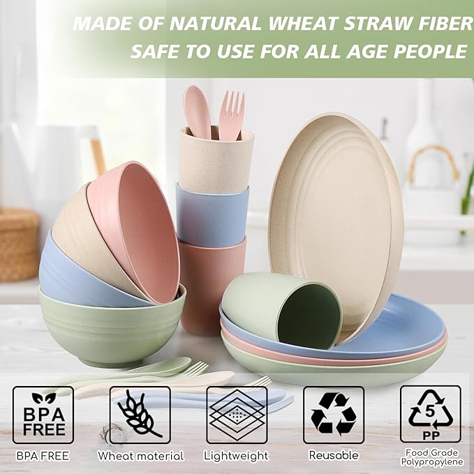Shopwithgreen Wheat Straw Dinnerware Sets for 4, 20 PCS Unbreakable Plates and Bowls Sets, Reusable Dinner Dishes Set, Bowls, Cups, Plates for Camping, Kitchen, RV, Dorm, Dishwasher Microwave Safe
