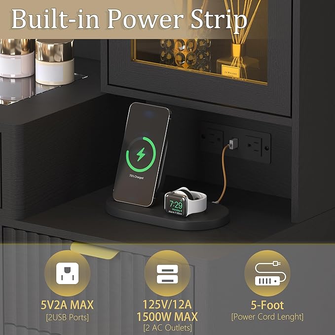 45” Fluted Makeup Vanity Desk with Mirror and Lights, Glass Top Dressing Table with 5 Drawers, LED Lighted Adjustable Cabinet, Trays & Charging Station for Bedroom Dressing Room