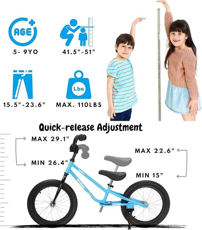 16 Inch Kids Balance Bike for 5-8 Year Old, BMX Kids Bike with No Pedals, Air Rubber Tires, Footrests, Adjustable Height for Big Kids, Boys, Girls (Black)
