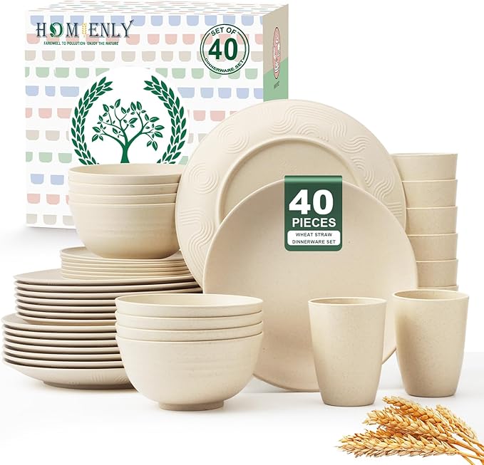 Homienly 40 PCS Dinnerware Set Service for 8, Kitchen Wheat Straw Dinnerware Set Unbreakable - Plates Set, Bowls Set,Cups Set, Microwave and Dishwasher Safe Dish Set for Dinner, Outdoor(Beige)