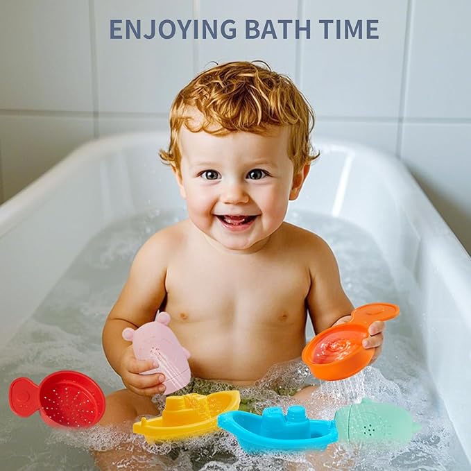 Baby Bath Toys for Toddlers, 15 PCS Mold Free Bathtub Water Play Toys with Rainbow Color Floating Boats Spoons and Silicone Sensory Bath Toys, Water Table & Pool Toys for Babies and Toddlers
