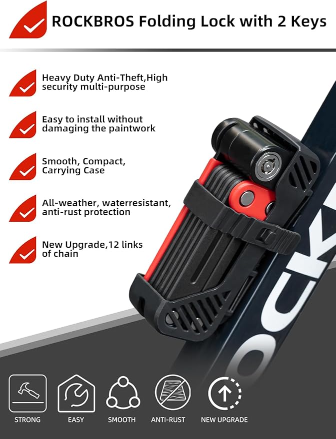 ROCKBROS Folding Bike Lock 120cm/47.24inch with 2 Keys Bike Locks E Bicycle Non Theft Heavy Duty Electric Scooter Lock for Ebike Motorcycle E Bicycle