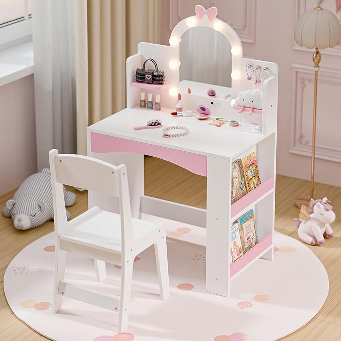 MU Kids Vanity with Lights, Princess Makeup Vanity Table and Chair Set for Girls, Toddler Vanity Desk with Open Bookshelf, Storage Cabinet & Shelves, Stools, White