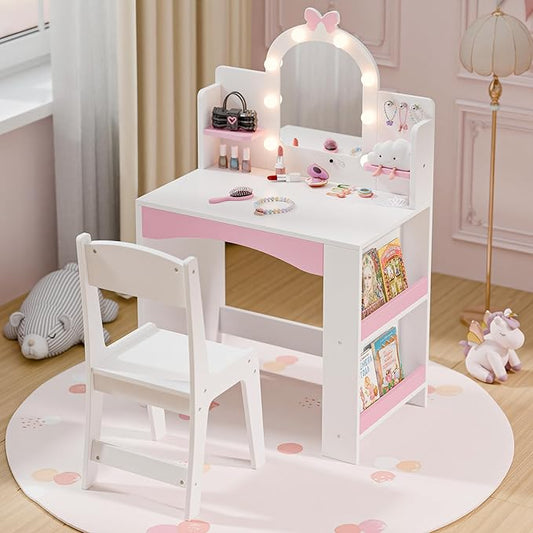 MU Kids Vanity with Lights, Princess Makeup Vanity Table and Chair Set for Girls, Toddler Vanity Desk with Open Bookshelf, Storage Cabinet & Shelves, Stools, White