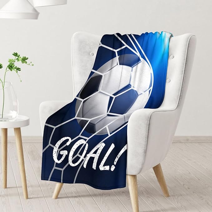 Soccer Blanket for Boys - 60x80 Inches Blanket for Adults Men - Soft Fuzzy Cozy Throws Gifts for Soccer Team - Blue Sports Throw for Couch, Living Room & Bed