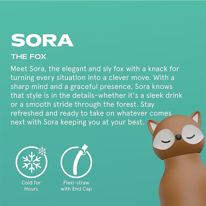 asobu Bestie Bottle Insulated Stainless Steel Water Bottle with Detachable Soft Animal Head Fun Drinking For Kids and Teens with Flexible Reusable Straw 16 Ounce (Fox)