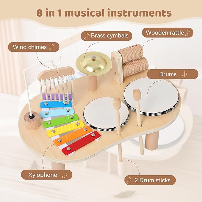 Promise Babe Wooden Drum Set for Toddlers 1-3, Musical Percussion Instruments for Kids Baby Drum Set Xylophone, Montessori Educational Musical Toys, Gifts for Girls Boys Ages 3+