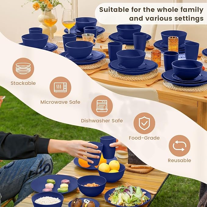 Homienly 40 PCS Wheat Straw Dinnerware Set, Reusable Plates and Bowls Sets, Cups, Lightweight and Unbreakable Dishes Set for 8, Microwave & Dishwasher Safe Dinnerware Sets for Kitchen - Dark Blue