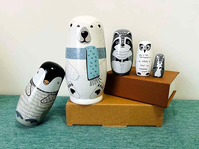 Polar Bear Nesting Dolls - Cute Animal Matryoshka Doll Handmade Wooden Dolls for Children Christmas Birthday Decoration Halloween Wishing Gift,Set of 5
