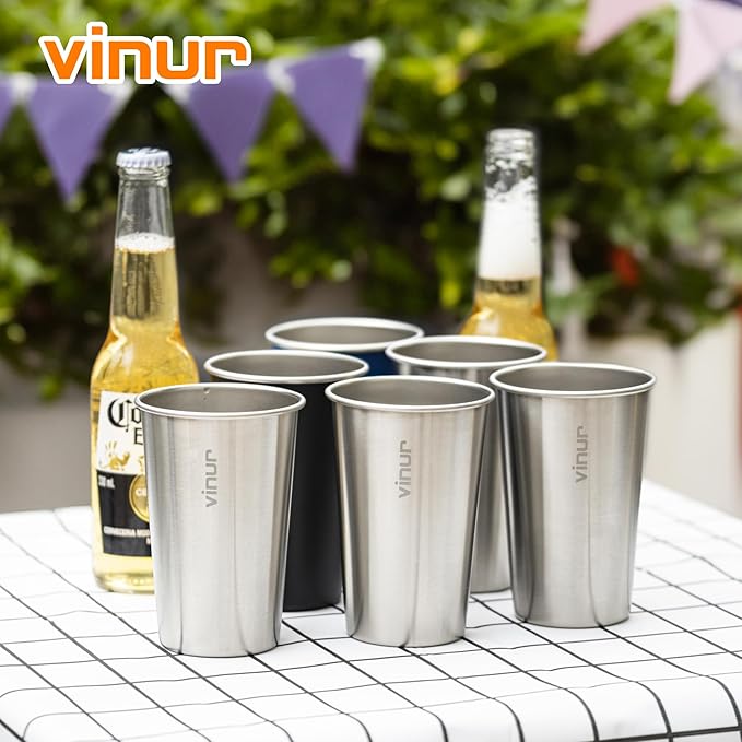 VINUR Stainless Steel Cups 4 Pack -16 oz Pint Tumbler Stackable Metal Drinking Glasses for Travel, Camping, Outdoors (Silver)