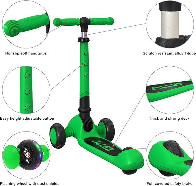 Allek Kick Scooter Foldable F02, 3-Wheel LED Flashing Glider and 4 Adjustable Height with Anti-Slip Thick Deck Push Scooter for Children 3-12yrs