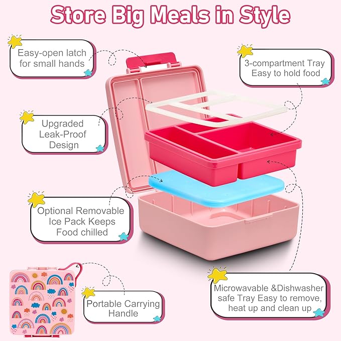 Bento Lunch Box for Kids with 17oz Soup Thermo,Insulated Tumbler Water Bottle and Insulated Lunch Bag,Leak-Proof 3 Compartment Lunch Food Container with Ice Pack for Kids to School-Rainbow