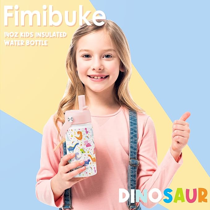 Fimibuke Kids Insulated Water Bottle, 14oz BPA FREE 18/8 Stainless Steel Travel Tumbler Double Wall Vacuum Leak Proof Kids Cup with Straw Metal Bottle for School Boys Girls(1 Pack, WHITE DINOSAUR)